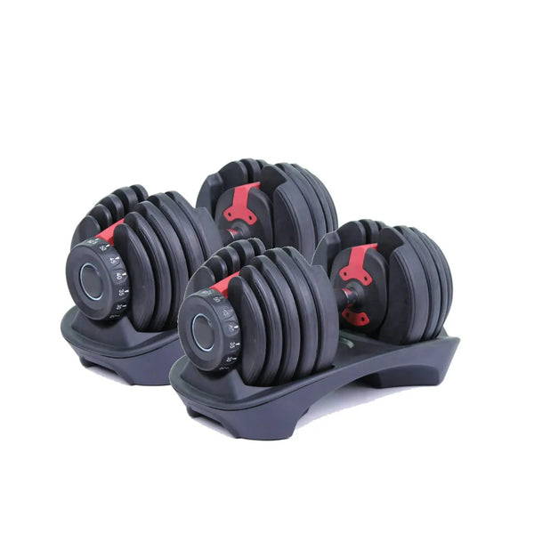 Adjustable PACCO PESI PRO dumbbells set ranging from 2.5 to 24 kg, featuring ergonomic handles and secure weight adjustment.