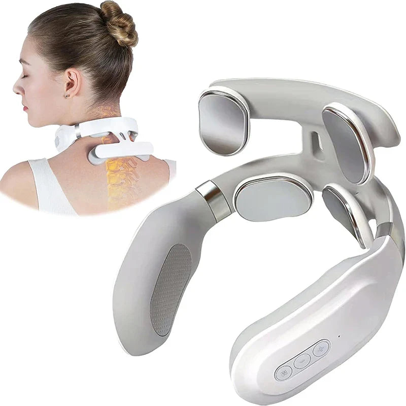 Neck massage machine with four heated pads for relaxation.