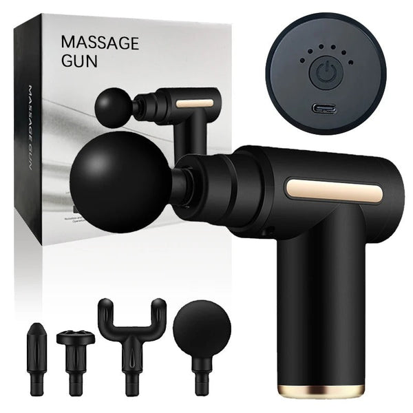 Automatic body massage gun with adjustable attachments for muscle relief.